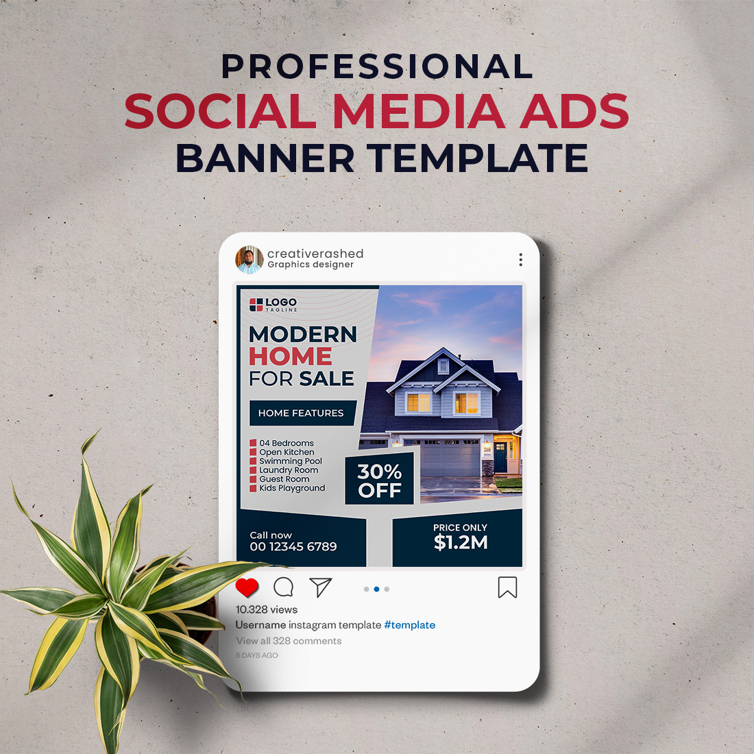 Professional & Creative Modern Home For Sale Social Media Ads Banner Design Template preview image.