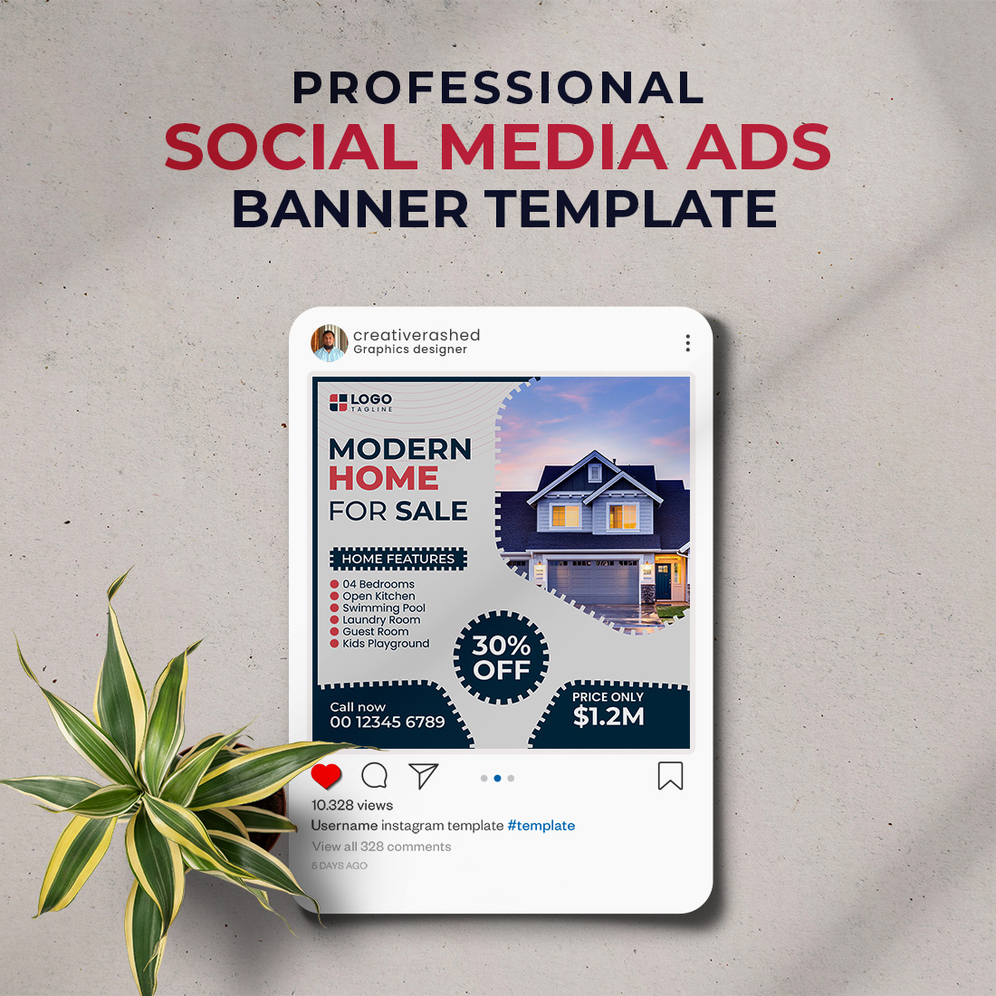 Professional & Creative Modern Home For Sale Social Media Ads Banner Design Template preview image.