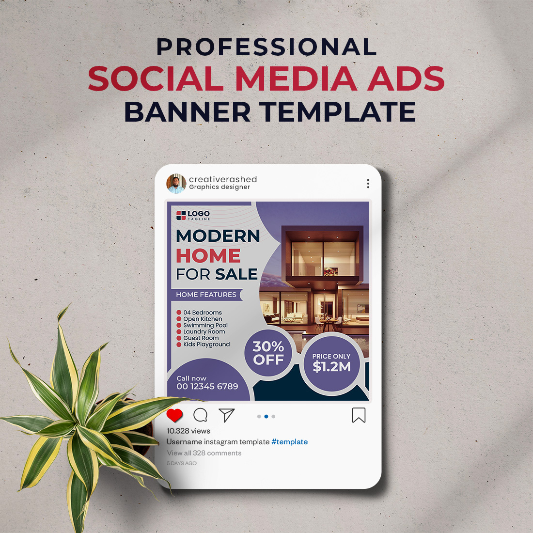 Professional & Creative Modern Home For Sale Social Media Ads Banner Design Template preview image.