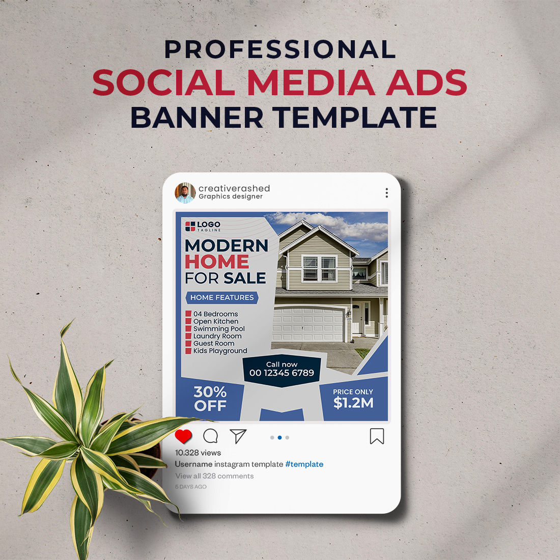 Professional & Creative Modern Home For Sale Social Media Ads Banner Design Template preview image.