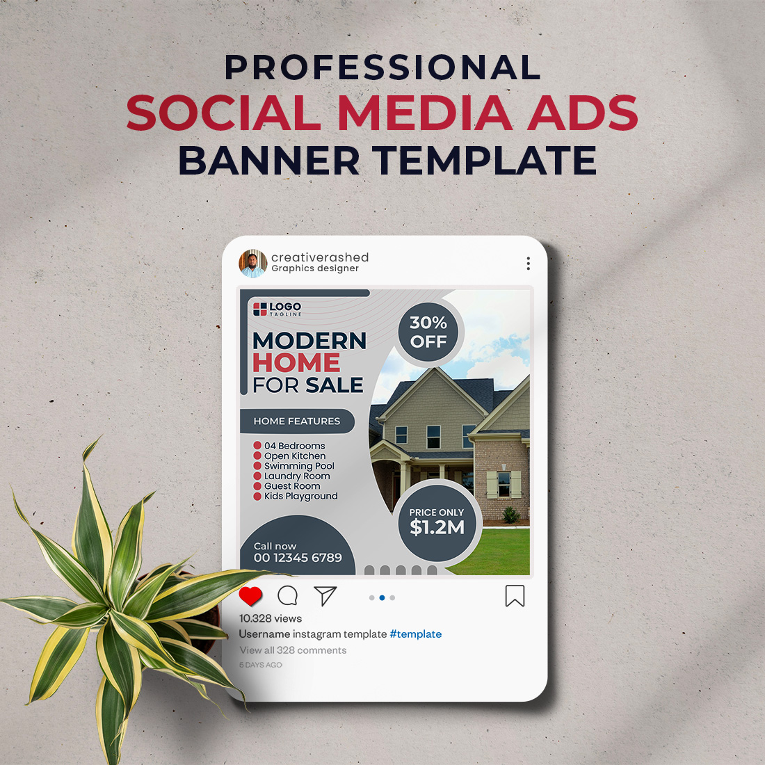 Professional & Creative Modern Home For Sale Social Media Ads Banner Design Template preview image.