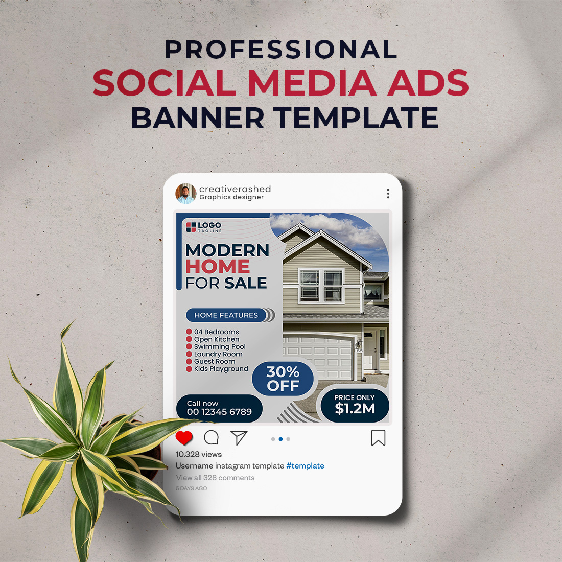 Professional & Creative Modern Home For Sale Social Media Ads Banner Design Template preview image.