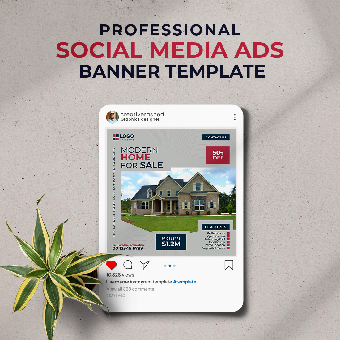 Professional & Creative Modern Home For Sale Social Media Ads Banner Design Template preview image.
