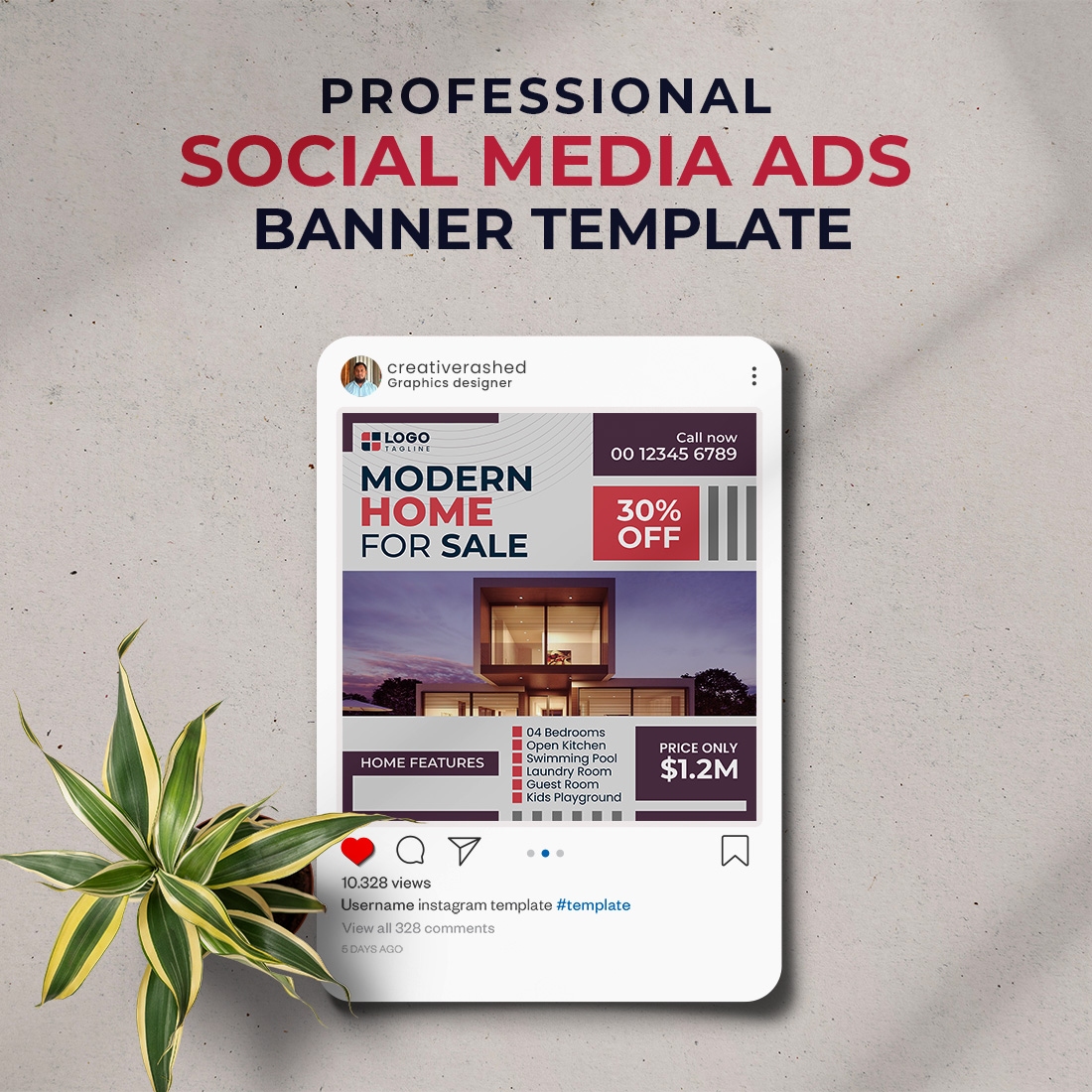 Professional & Creative Modern Home For Sale Social Media Ads Banner Design Template preview image.