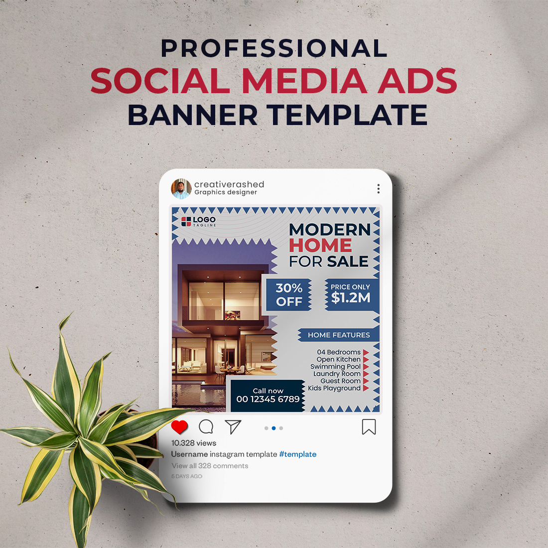 Professional & Creative Modern Home For Sale Social Media Ads Banner Design Template preview image.