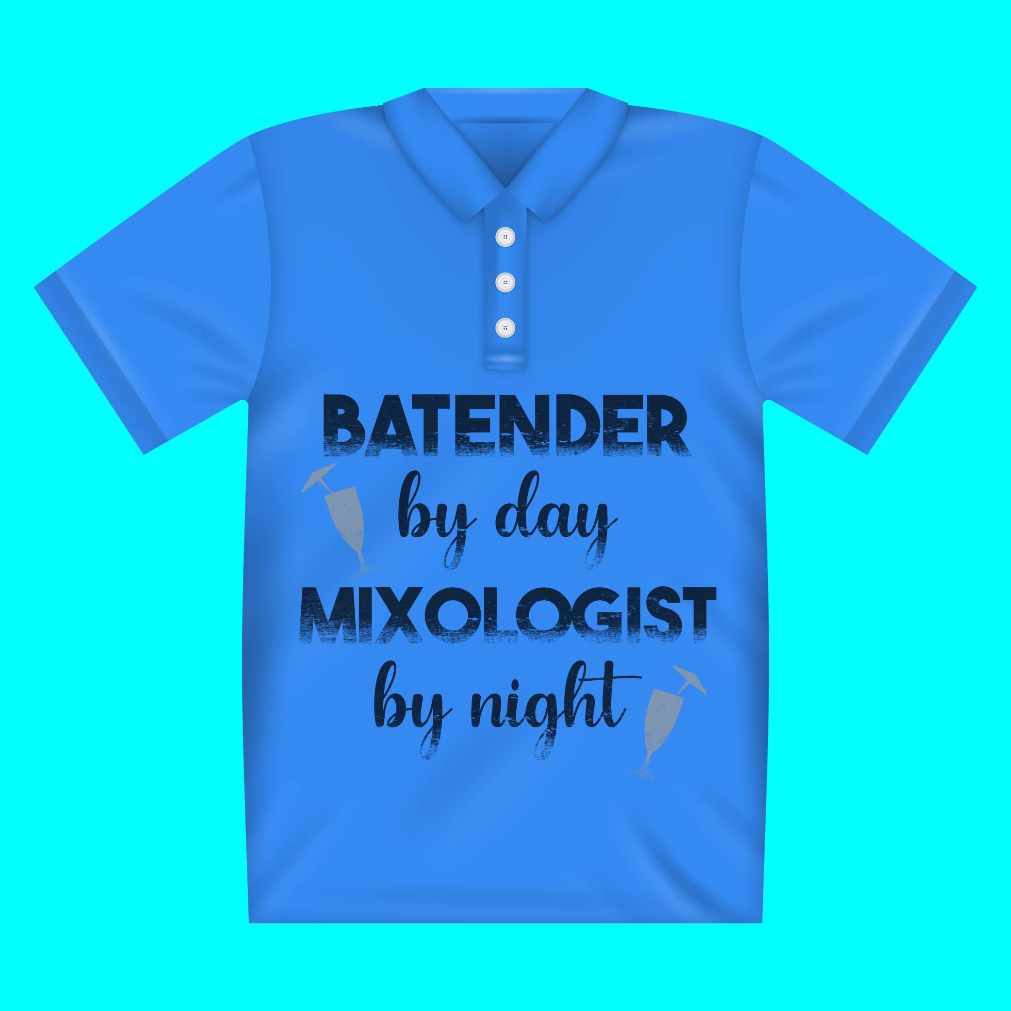 Blue polo shirt that says bartender by day mixologist by night.