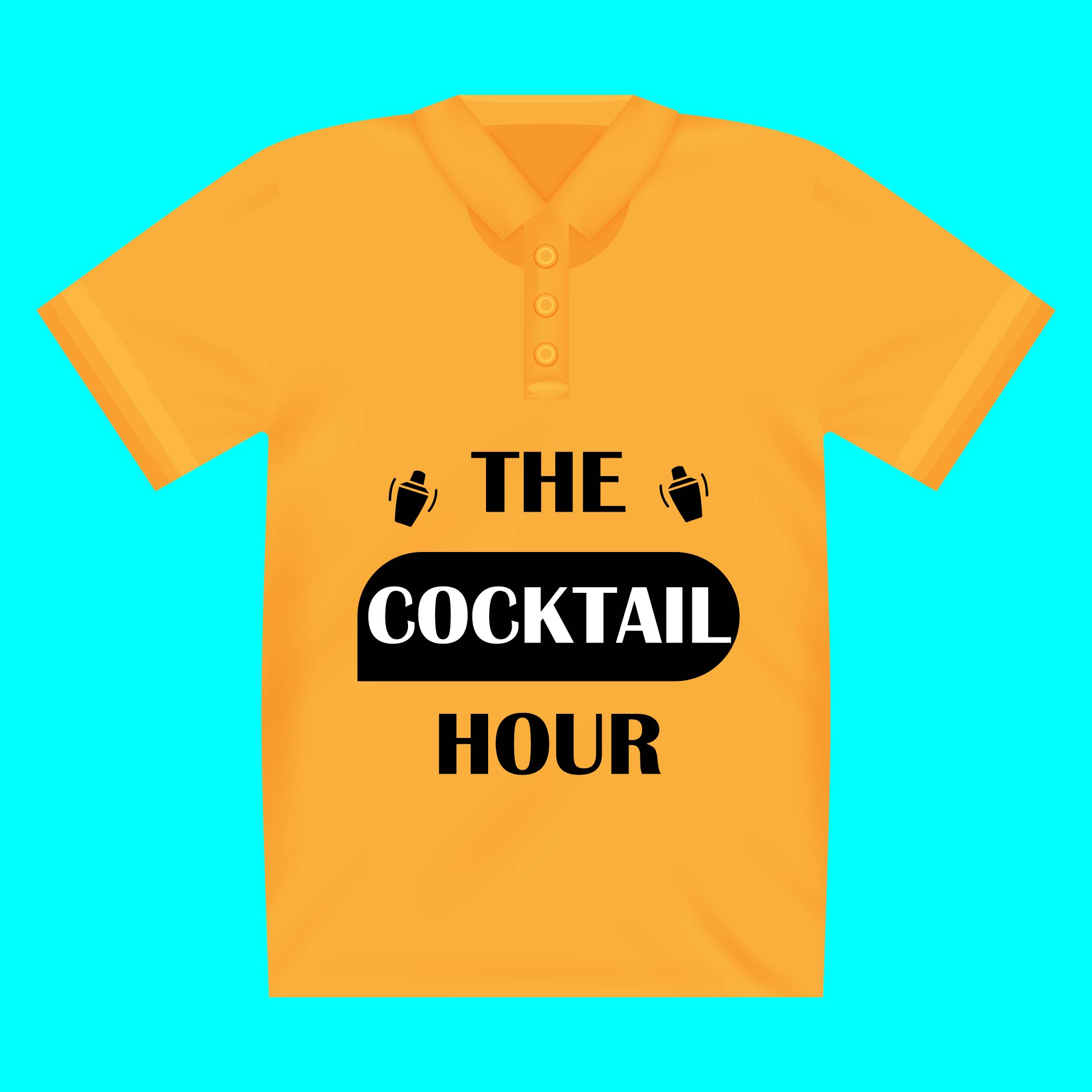 Yellow shirt with the words the cocktail hour on it.