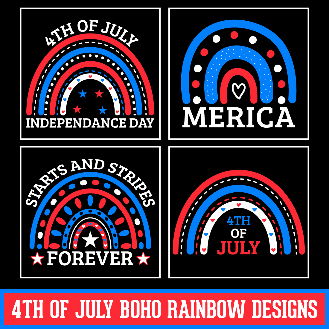 Proud American 4th of July independent day boho rainbow tshirt design preview image.