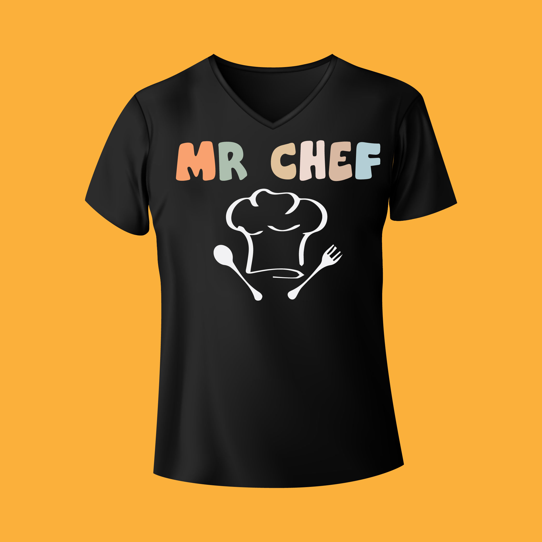 Black t - shirt with the words mr chef on it.