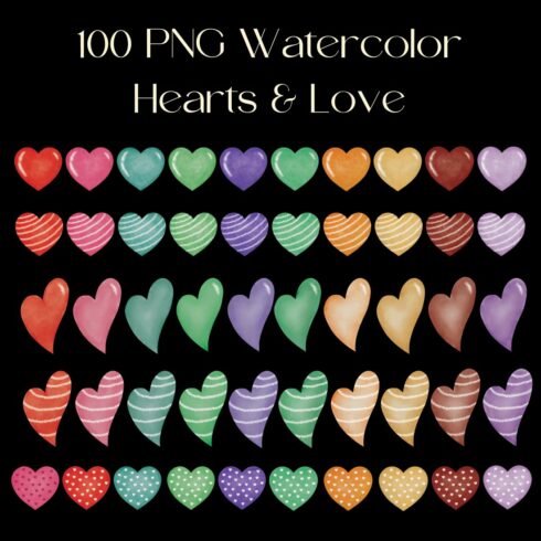 100 PNG Watercolor Heart & Love Bundle Graphic cover image.