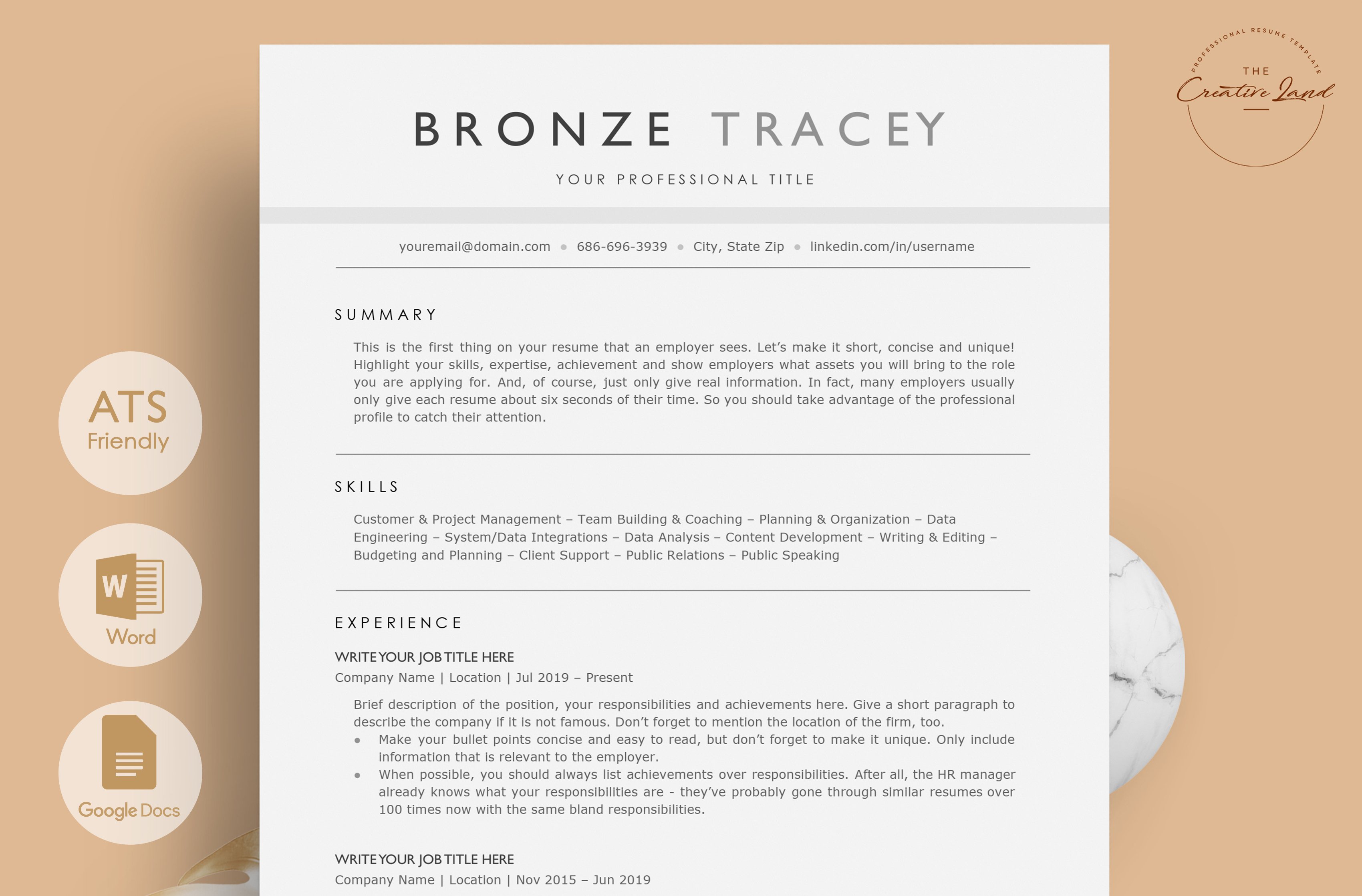 Clean ATS Resume/CV - The Bronze cover image.