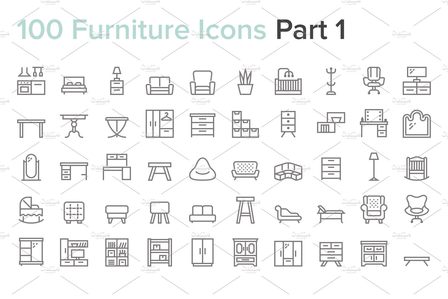 Furniture - 100 Line Icons preview image.