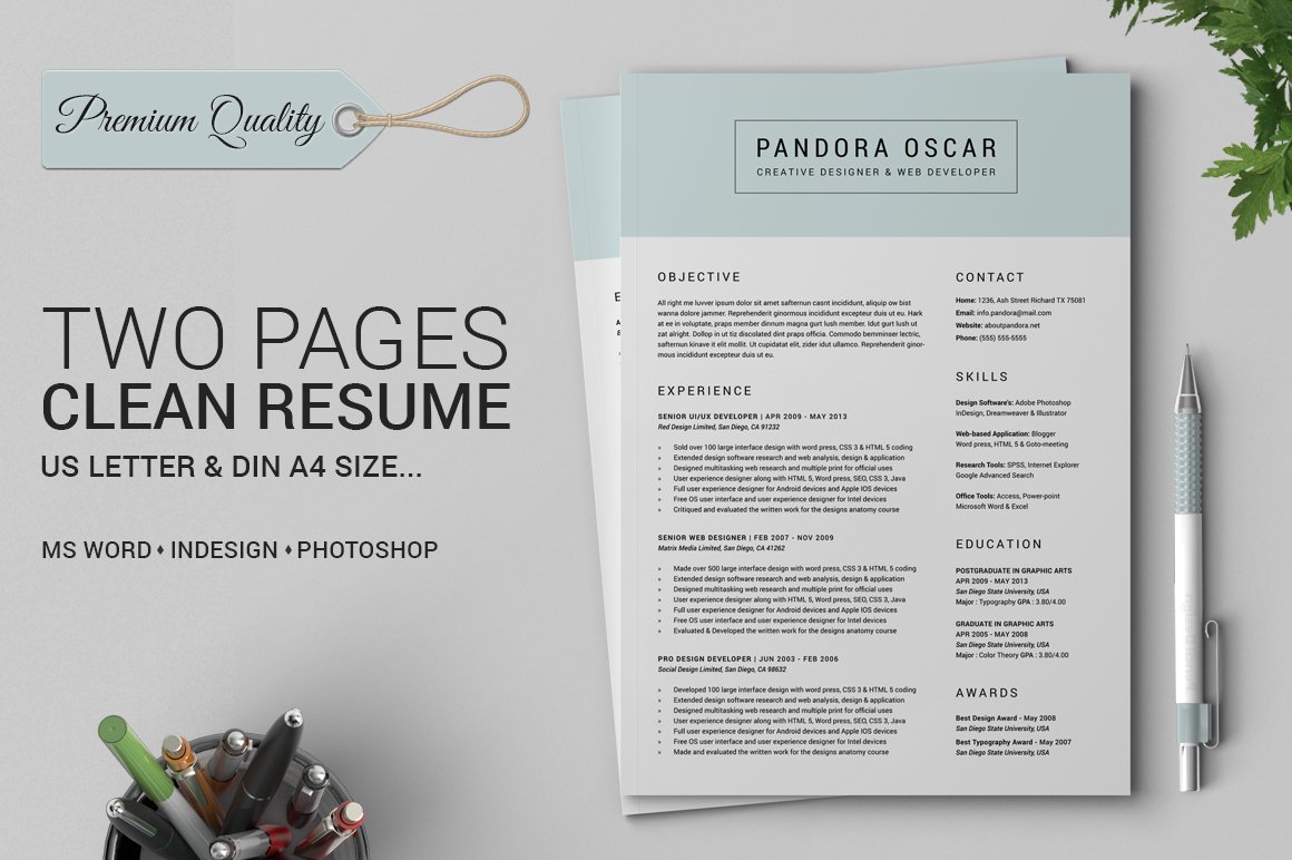2 Pages Clean Resume CV - Pandora cover image.