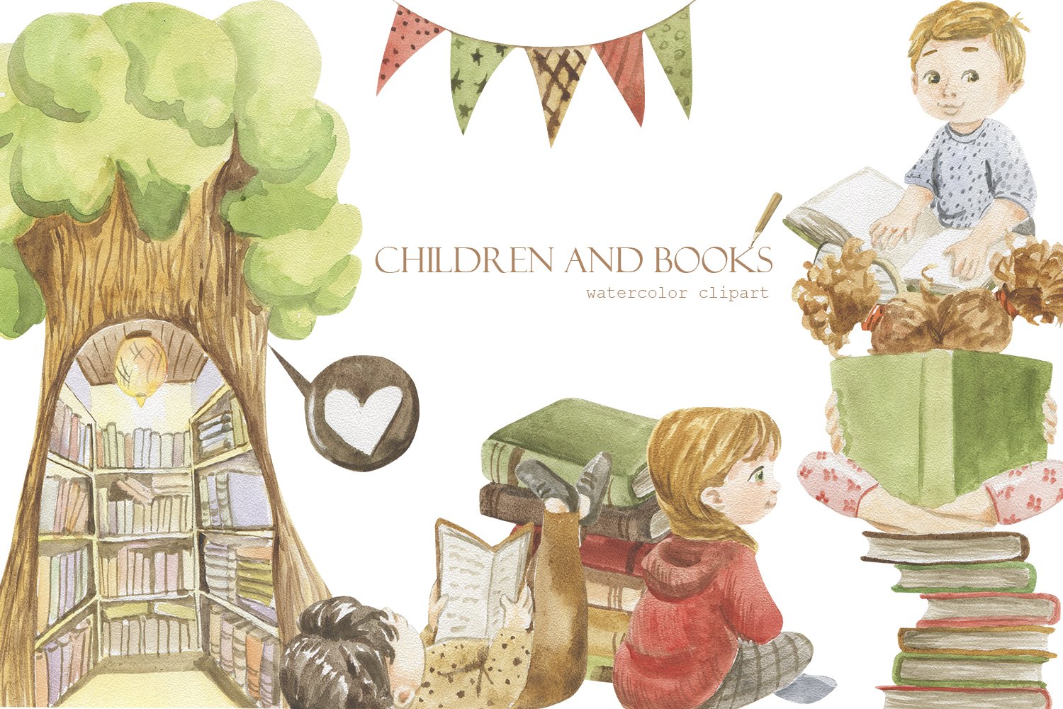 Children and books, watercolor set cover image.