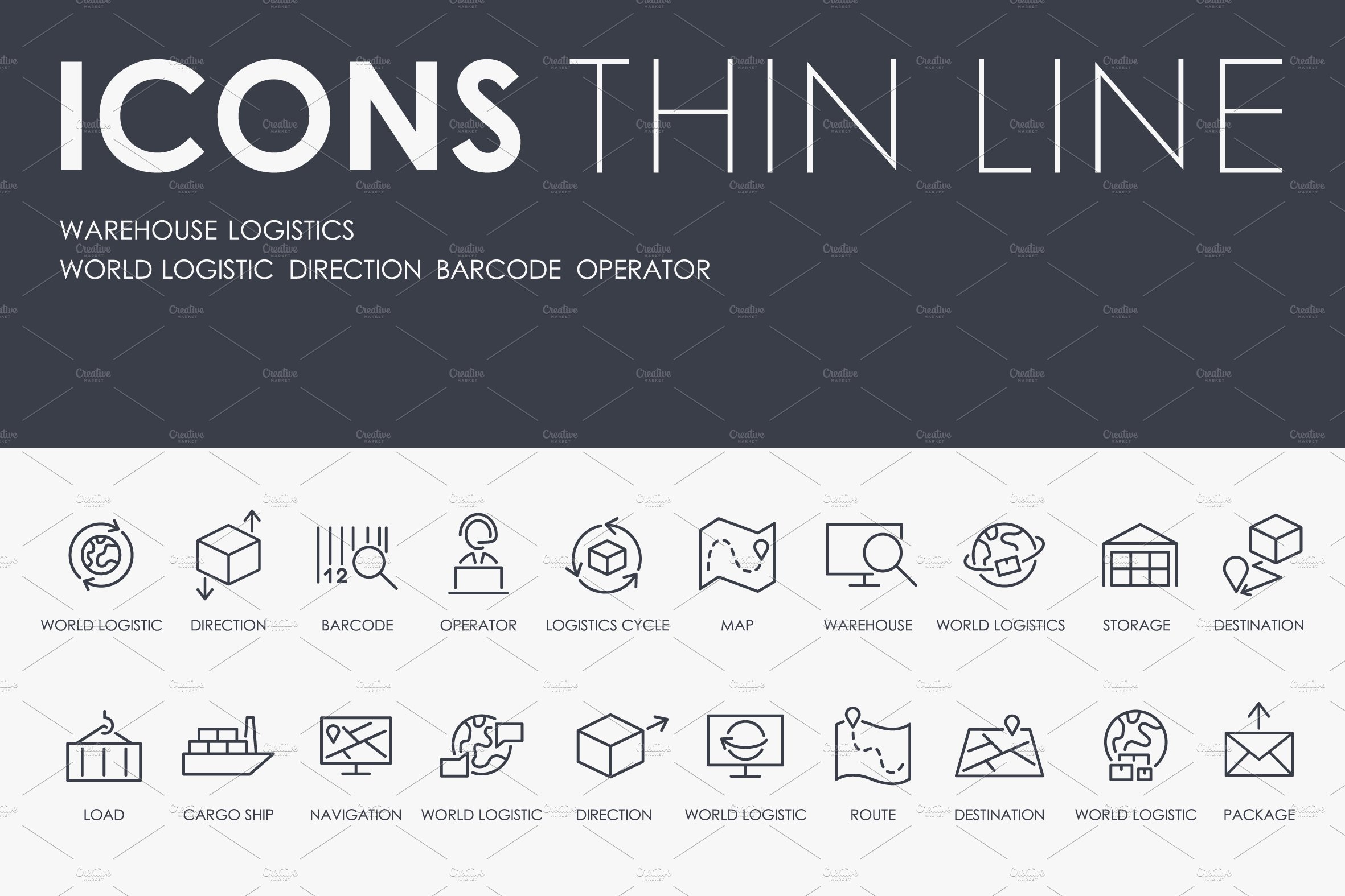 Warehouse logistics thinline icons cover image.