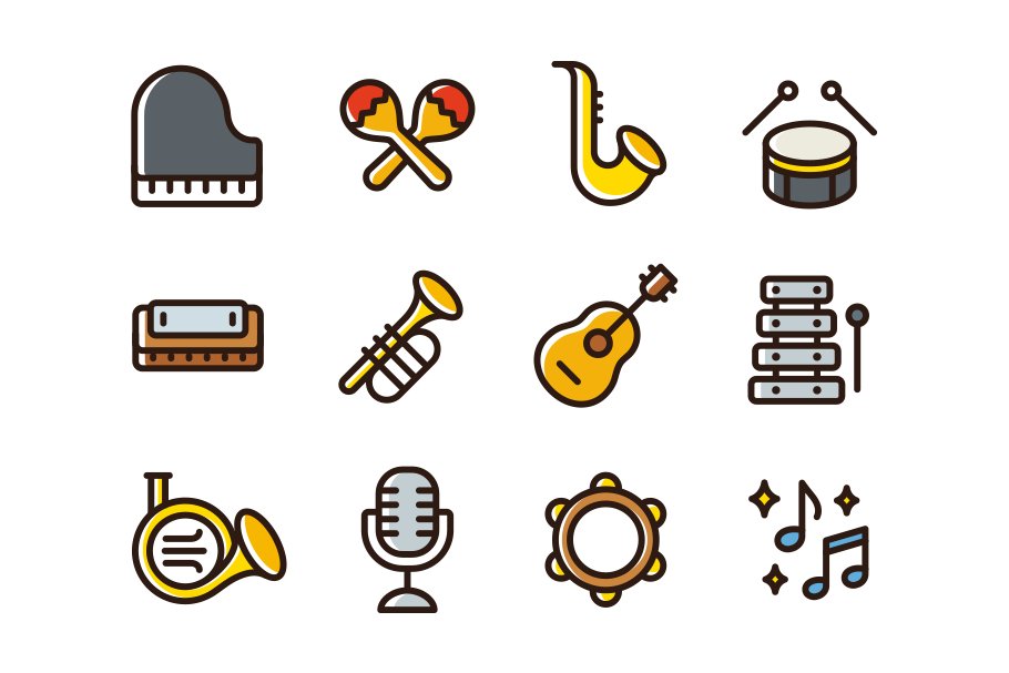 Musical instruments icons preview image.