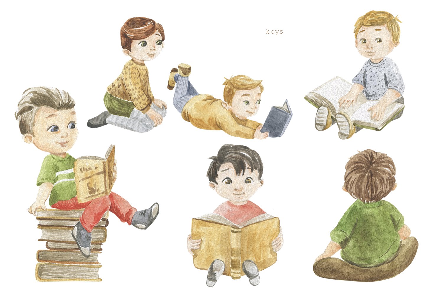 Children and books, watercolor set preview image.