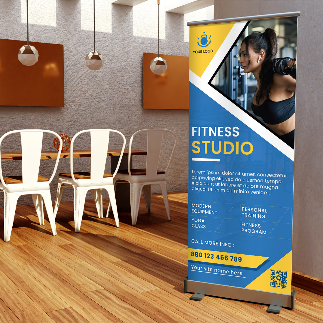 Fitness studio with chairs and a sign.
