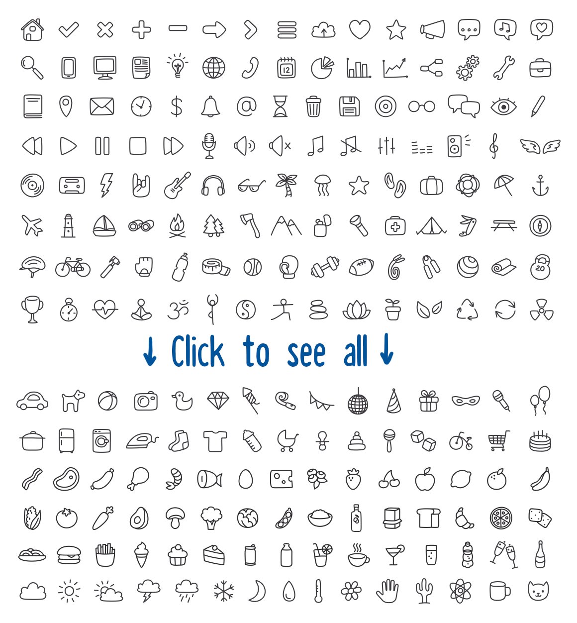 210 multipurpose hand drawn icons preview image.