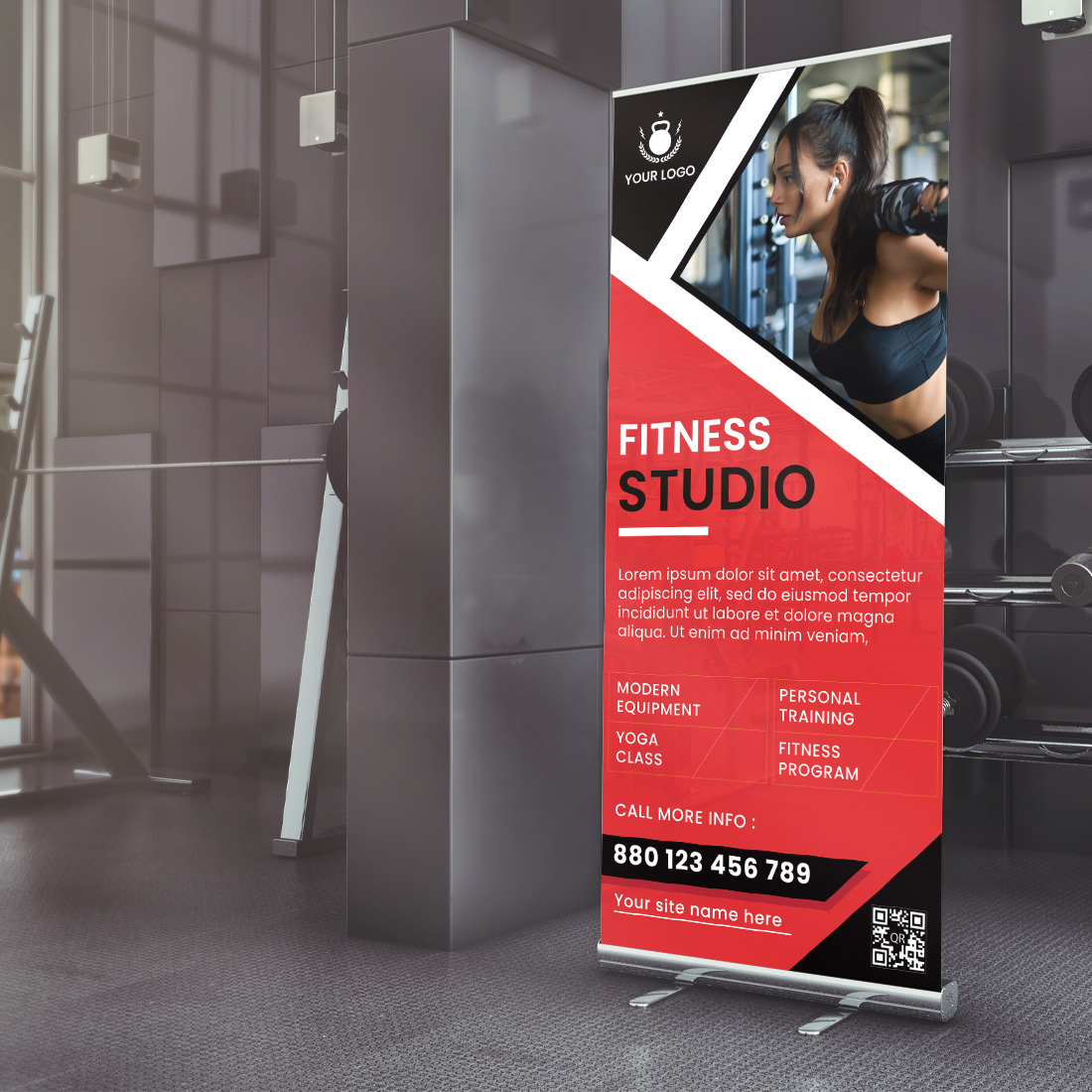 Roll up banner for a gym.