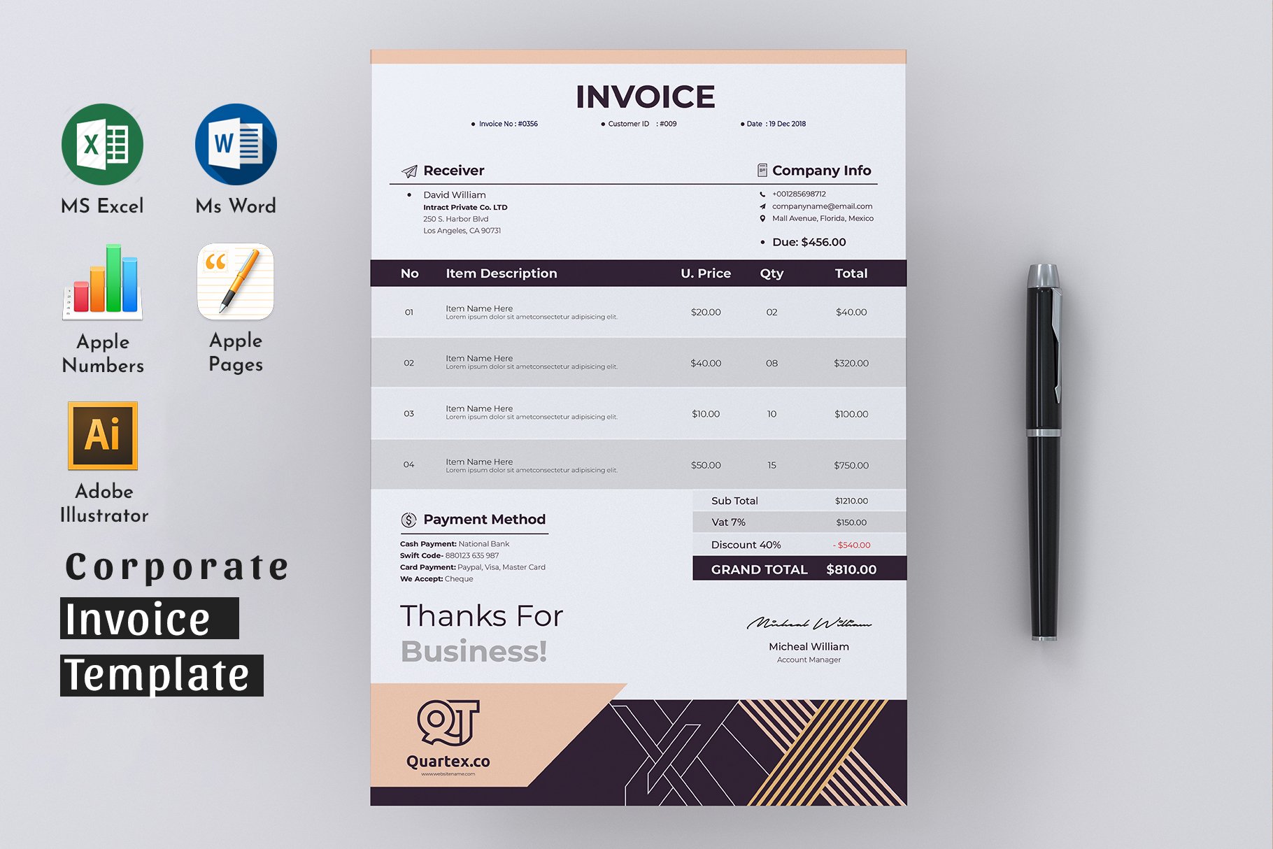 Invoice Template Excel Word Pages cover image.