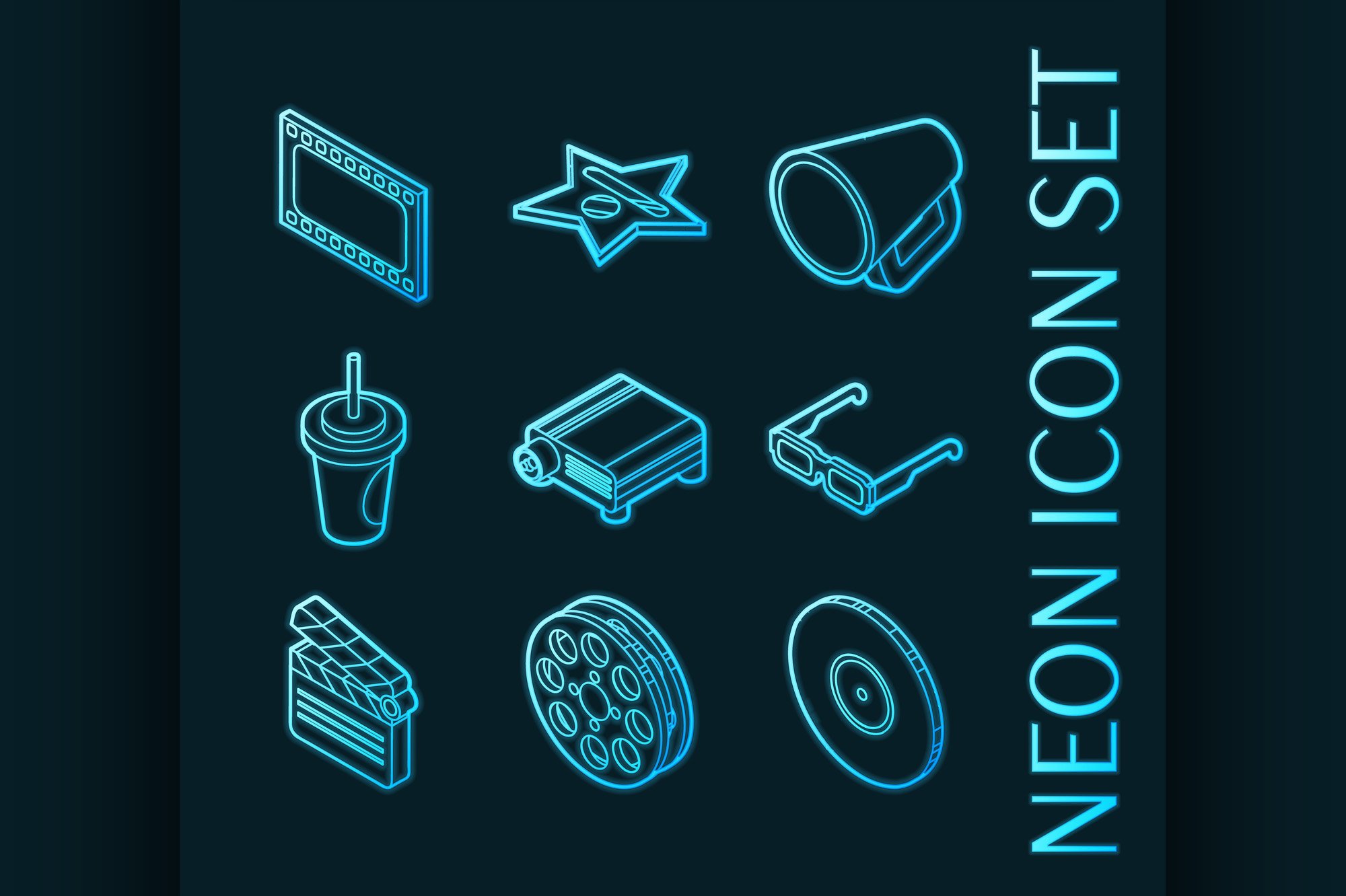 Cinema set icons. Blue glowing neon cover image.