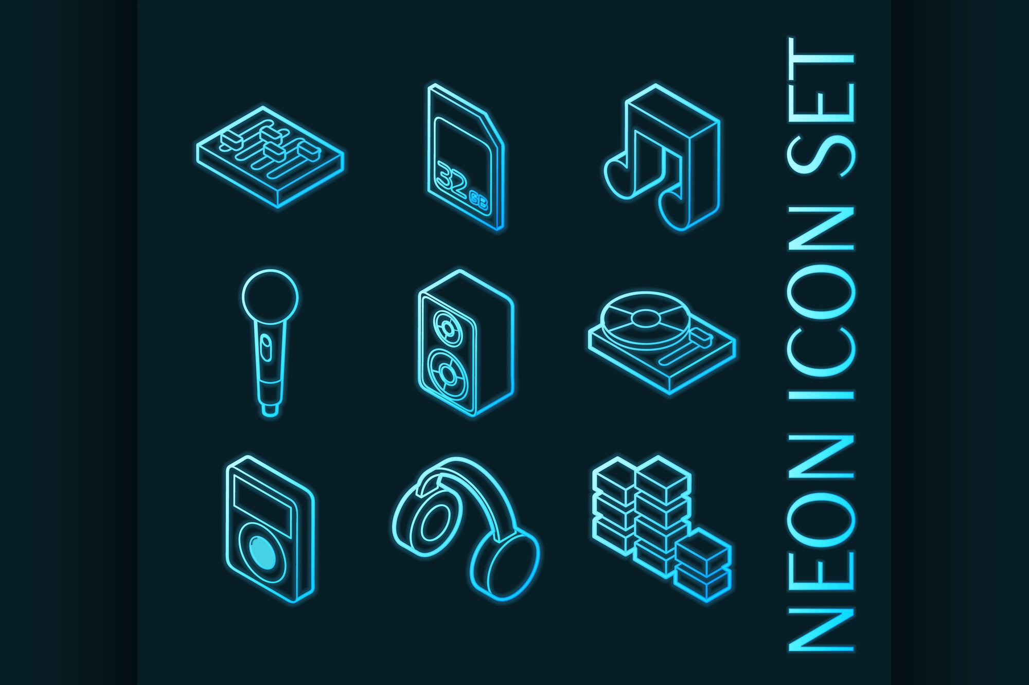 DJ set icons. Blue glowing neon cover image.