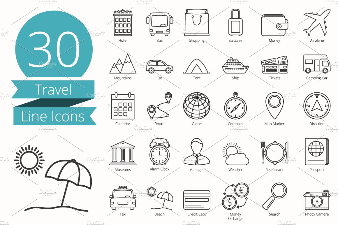 30 Travel Line Icons cover image.