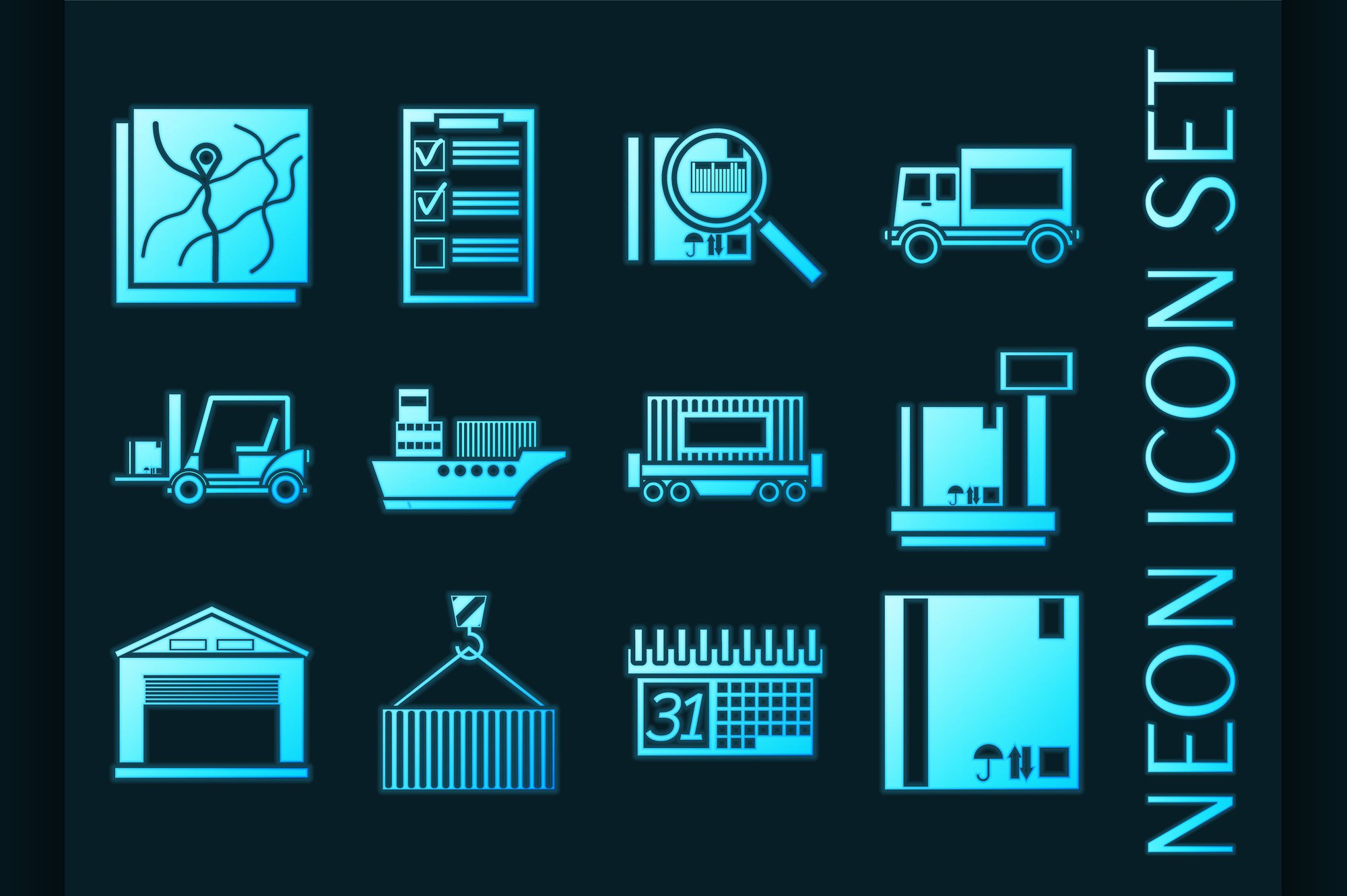 Logistics set icons. Blue glowing cover image.