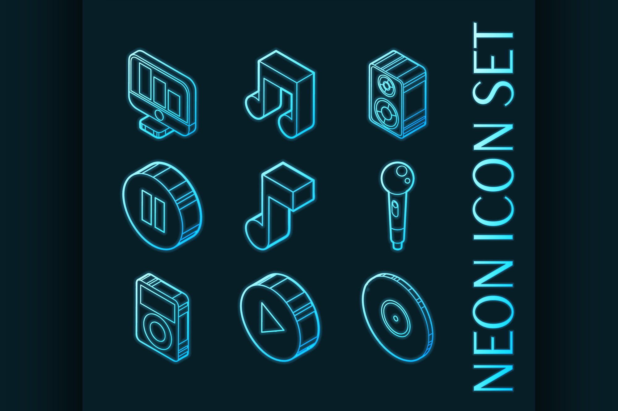 Music set icons. Blue glowing neon cover image.