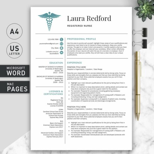 Professional resume template with a medical symbol on it.