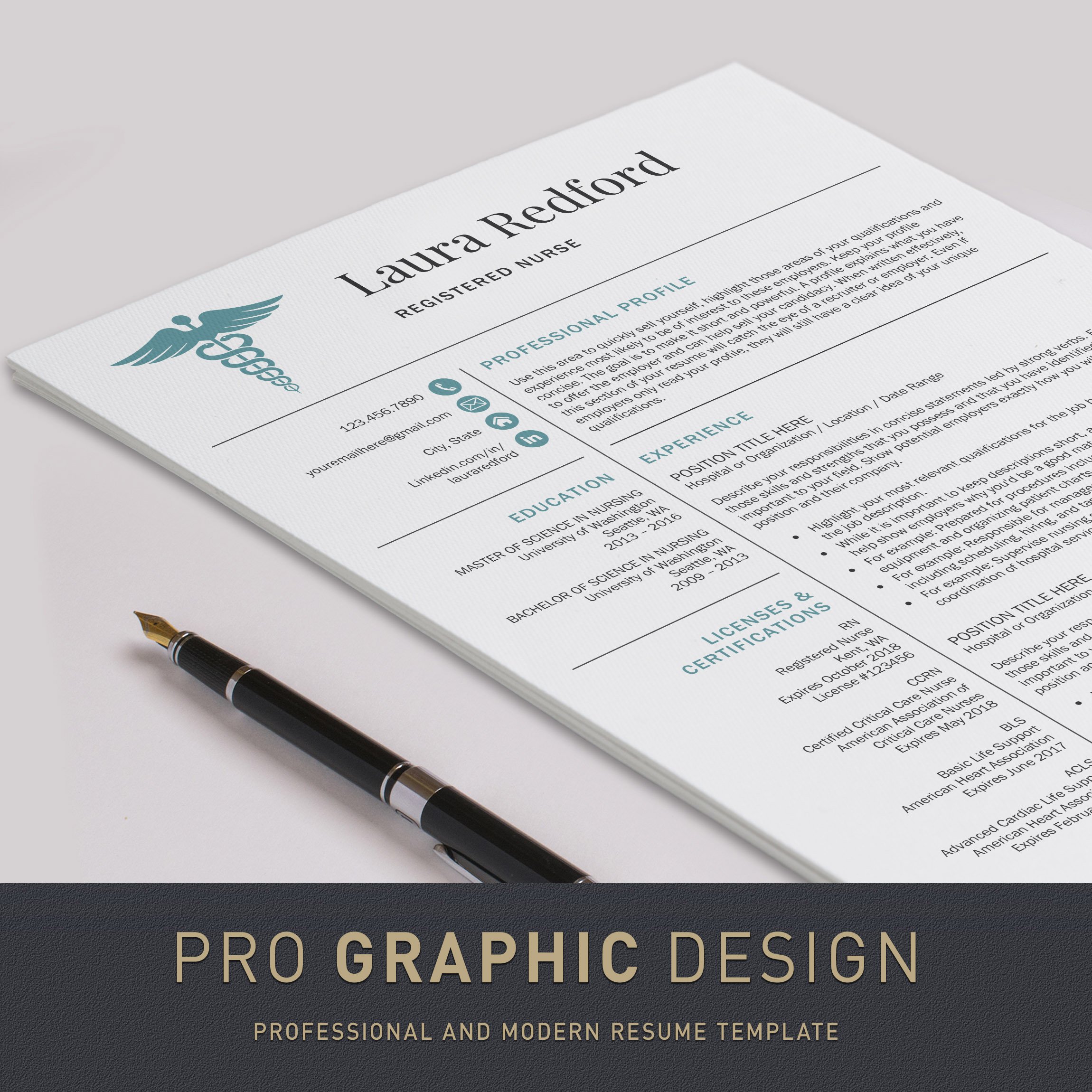 Professional resume template with a pen on top of it.