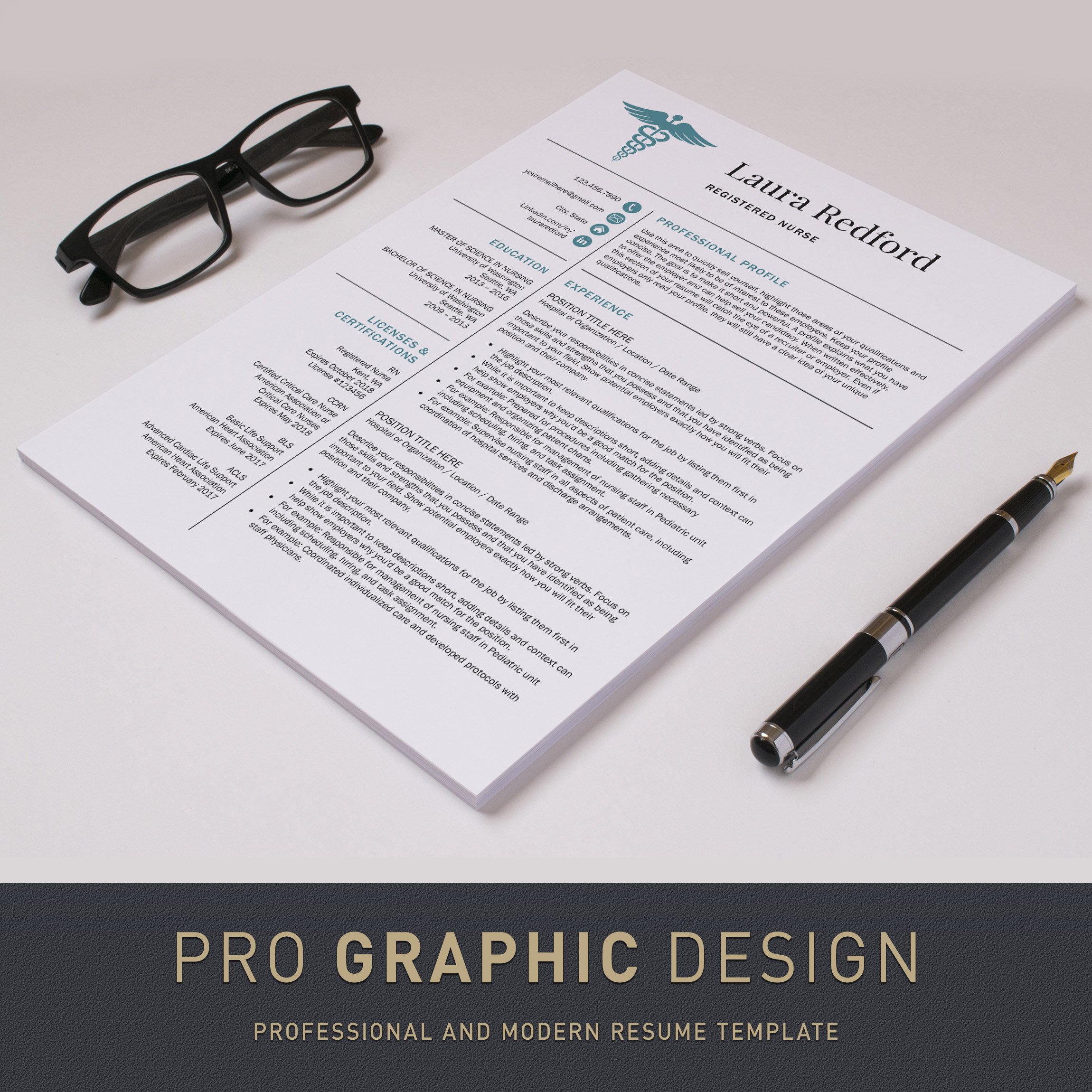 Professional resume with a pen and glasses.
