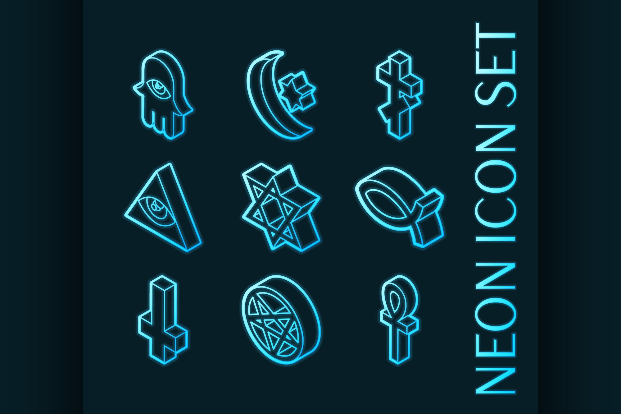 Religions set icons. Blue glowing cover image.