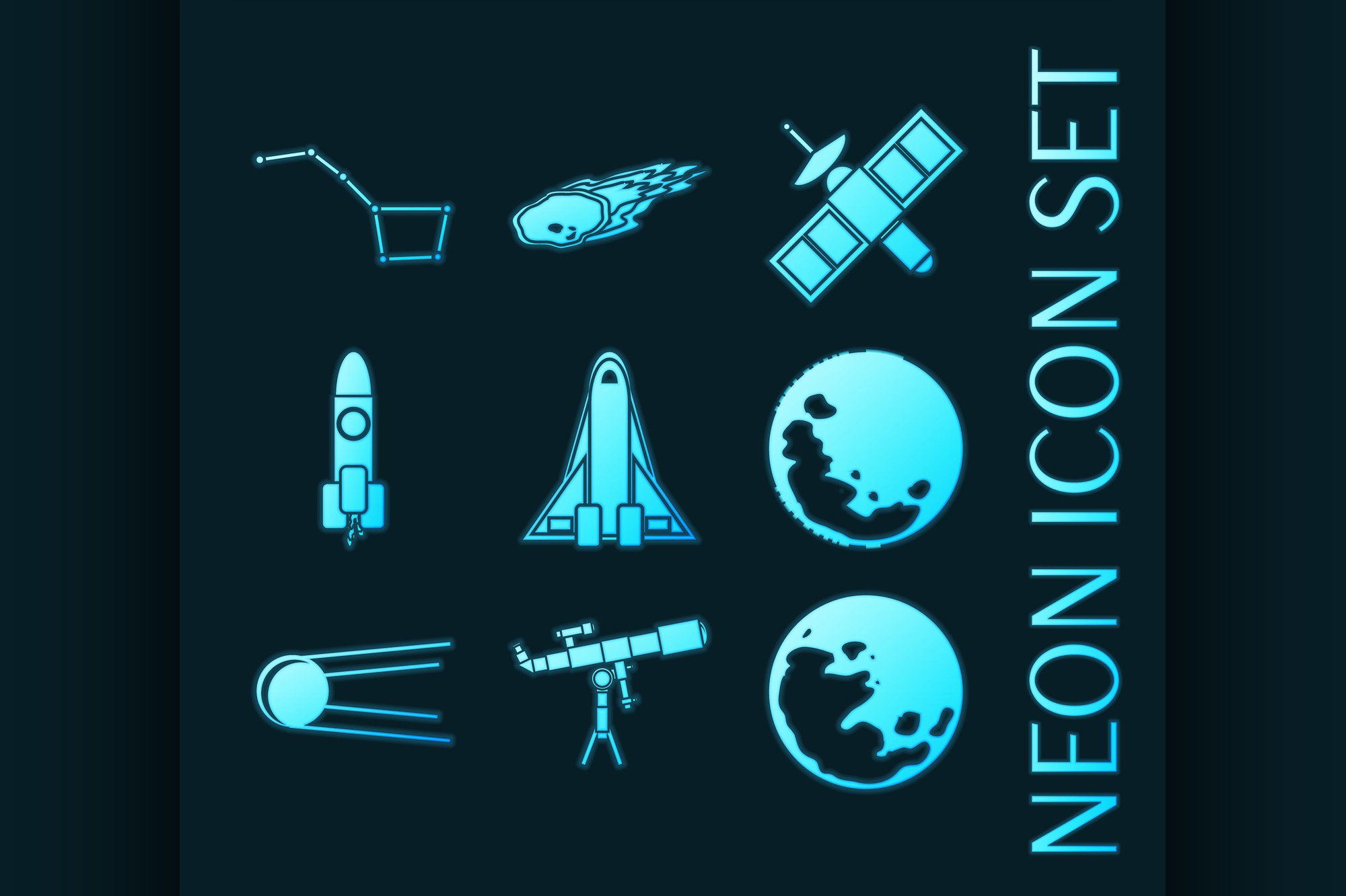 Set of Space blue glowing neon icon cover image.