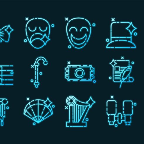 Theater set icons. Blue glowing neo cover image.
