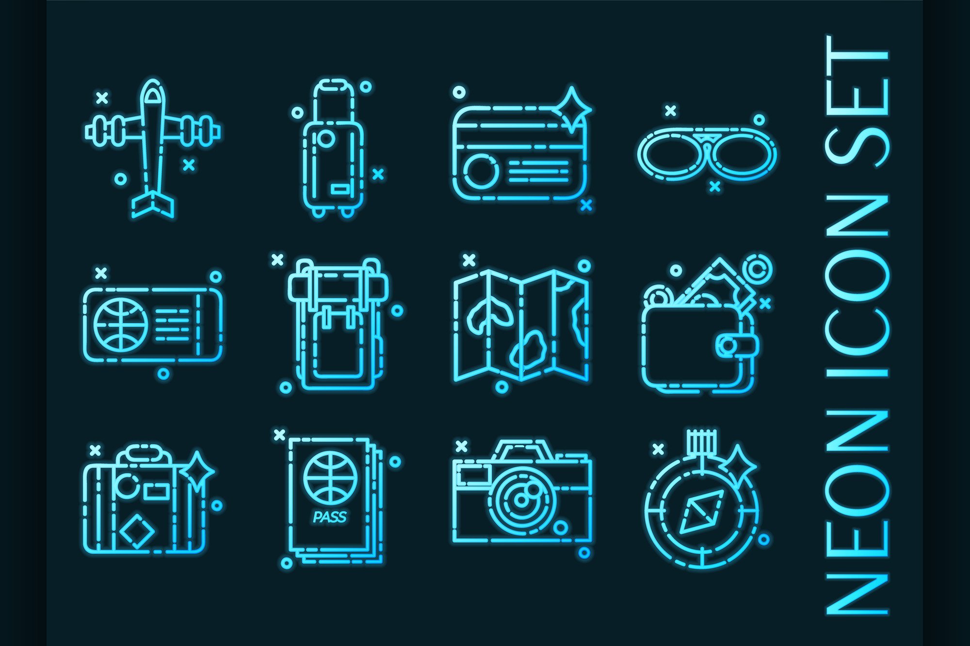 Traveling set icons. Blue glowing cover image.