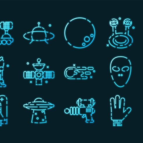 UFO set icons. Blue glowing neon cover image.