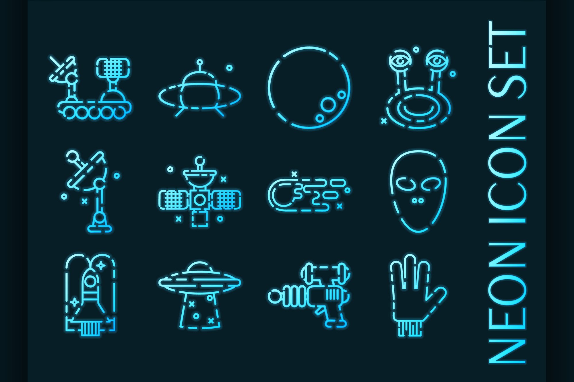 UFO set icons. Blue glowing neon cover image.