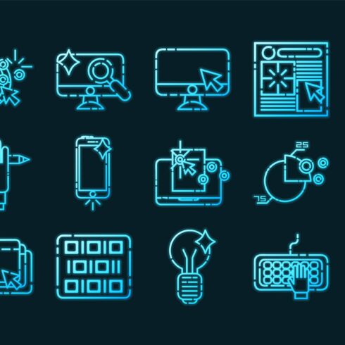 Web design set icons. Blue glowing cover image.