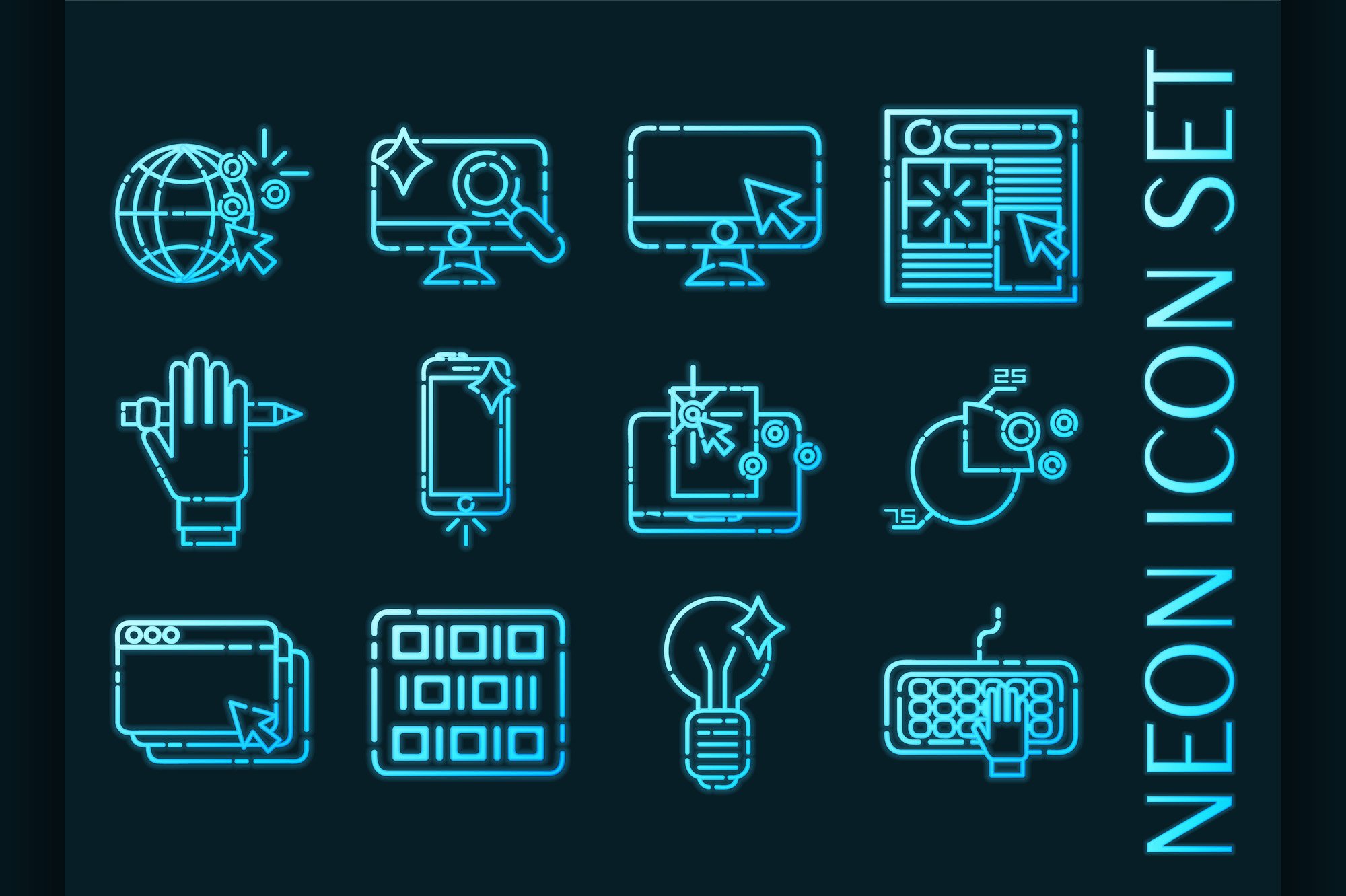 Web design set icons. Blue glowing cover image.