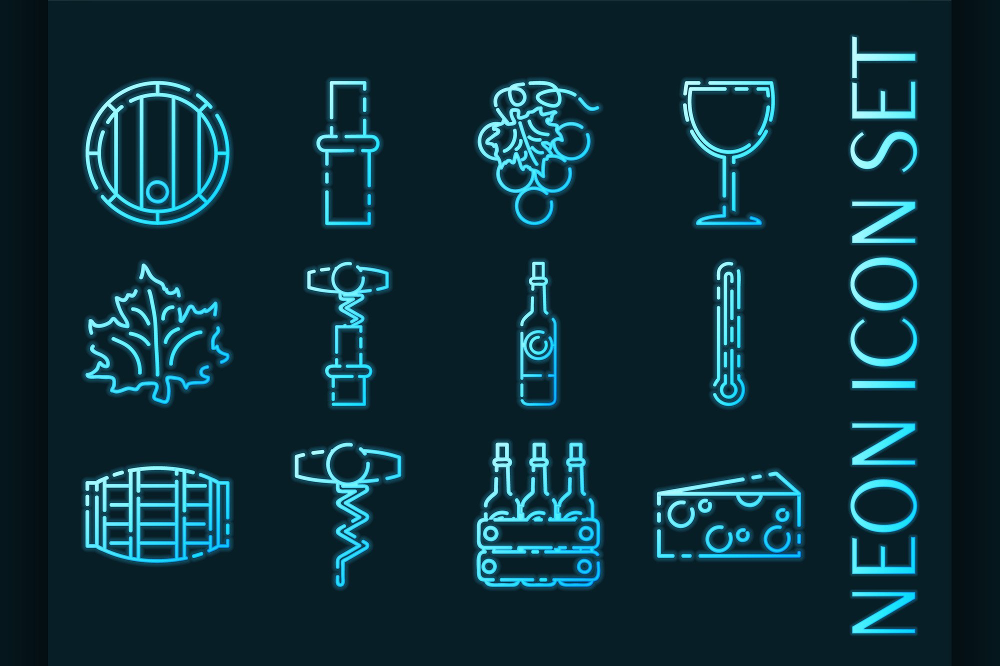 Wine set icons. Blue glowing neon cover image.