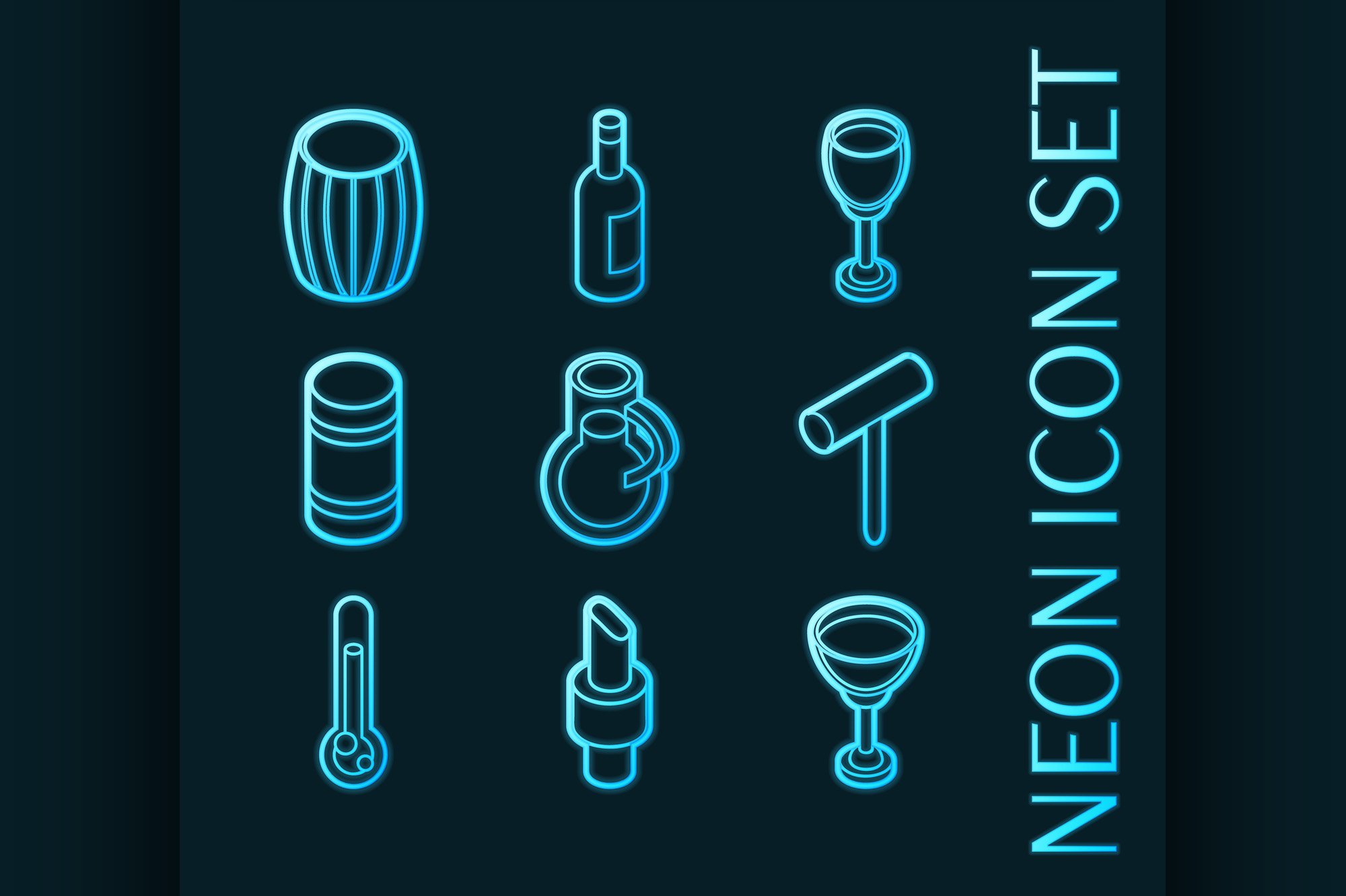 Wine set icons. Blue glowing neon cover image.