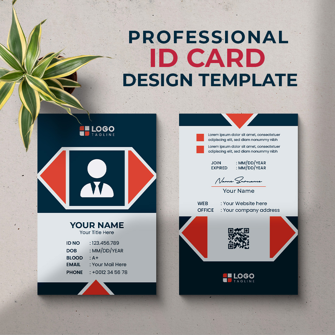 Professional id card design template with a plant next to it.