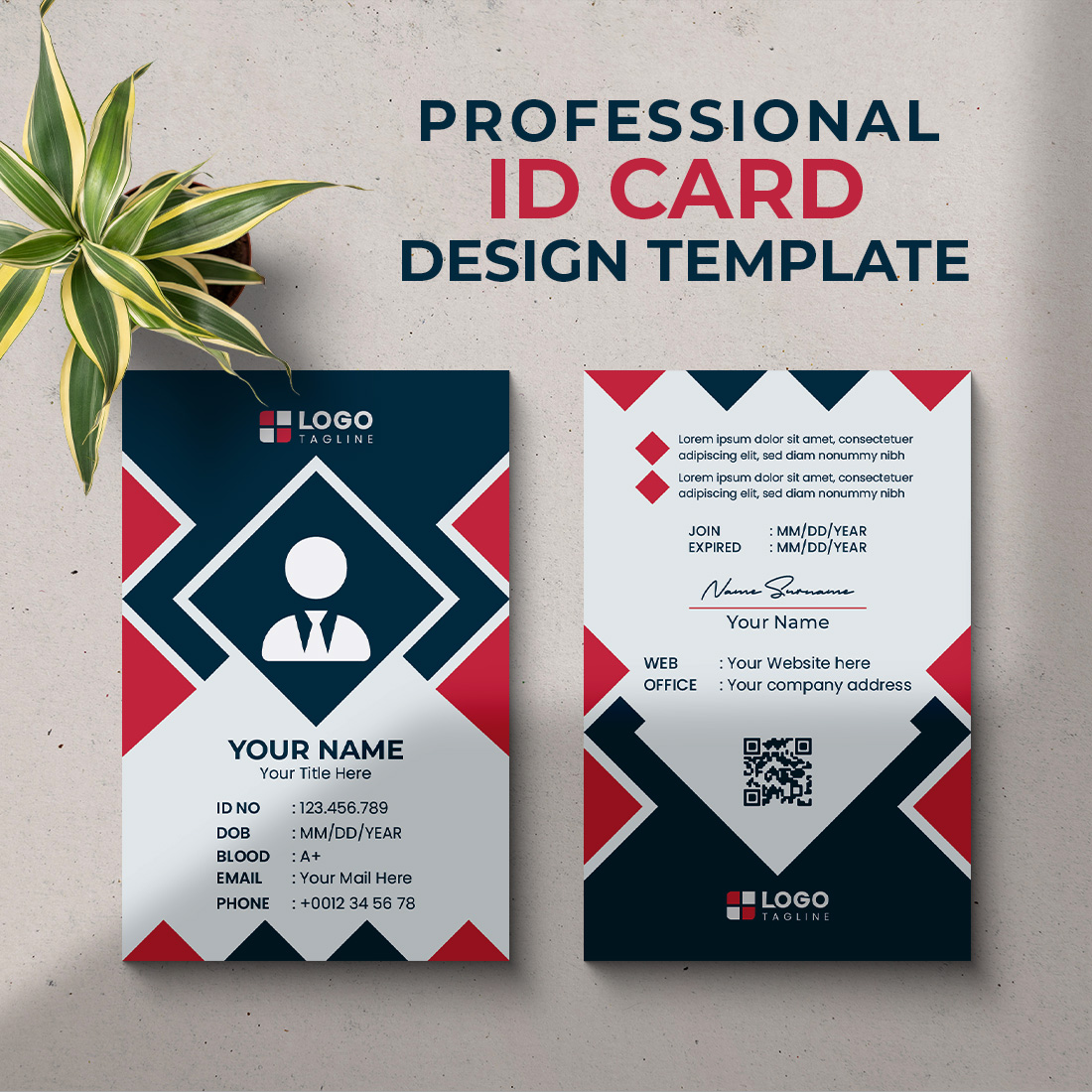 Professional id card design template with a plant next to it.
