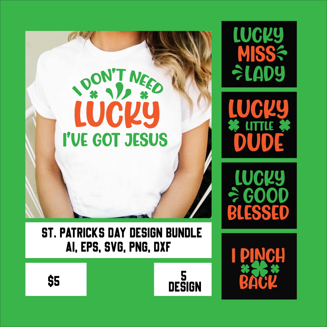 5 ST PATRICK'S DAY SVG T-SHIRT DESIGN BUNDLE cover image.