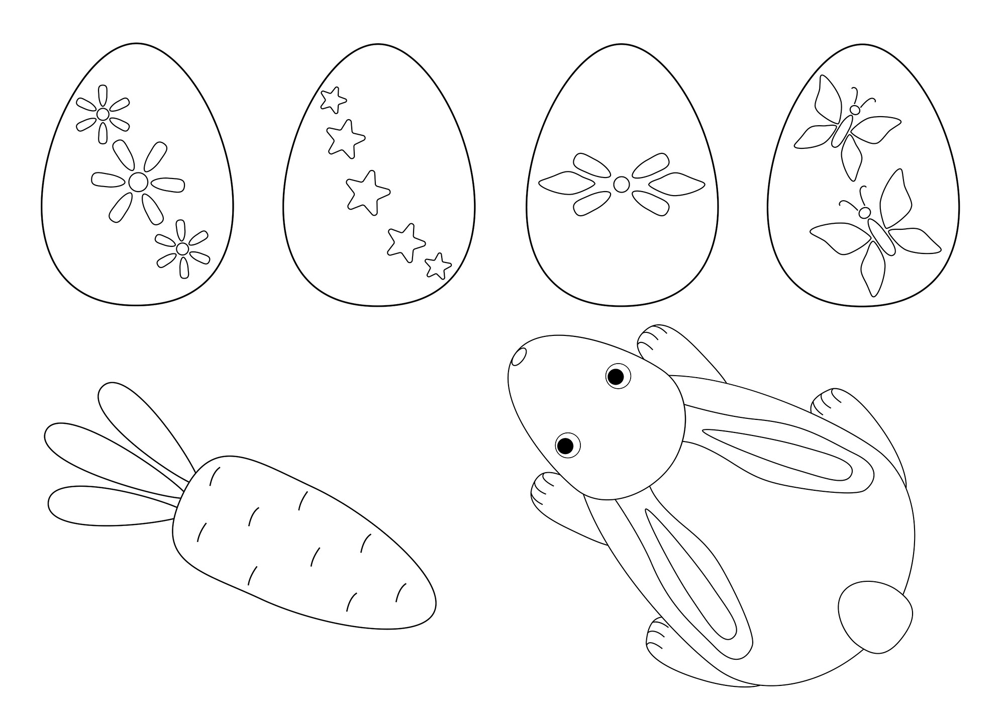 Coloring page with easter eggs and a bunny.