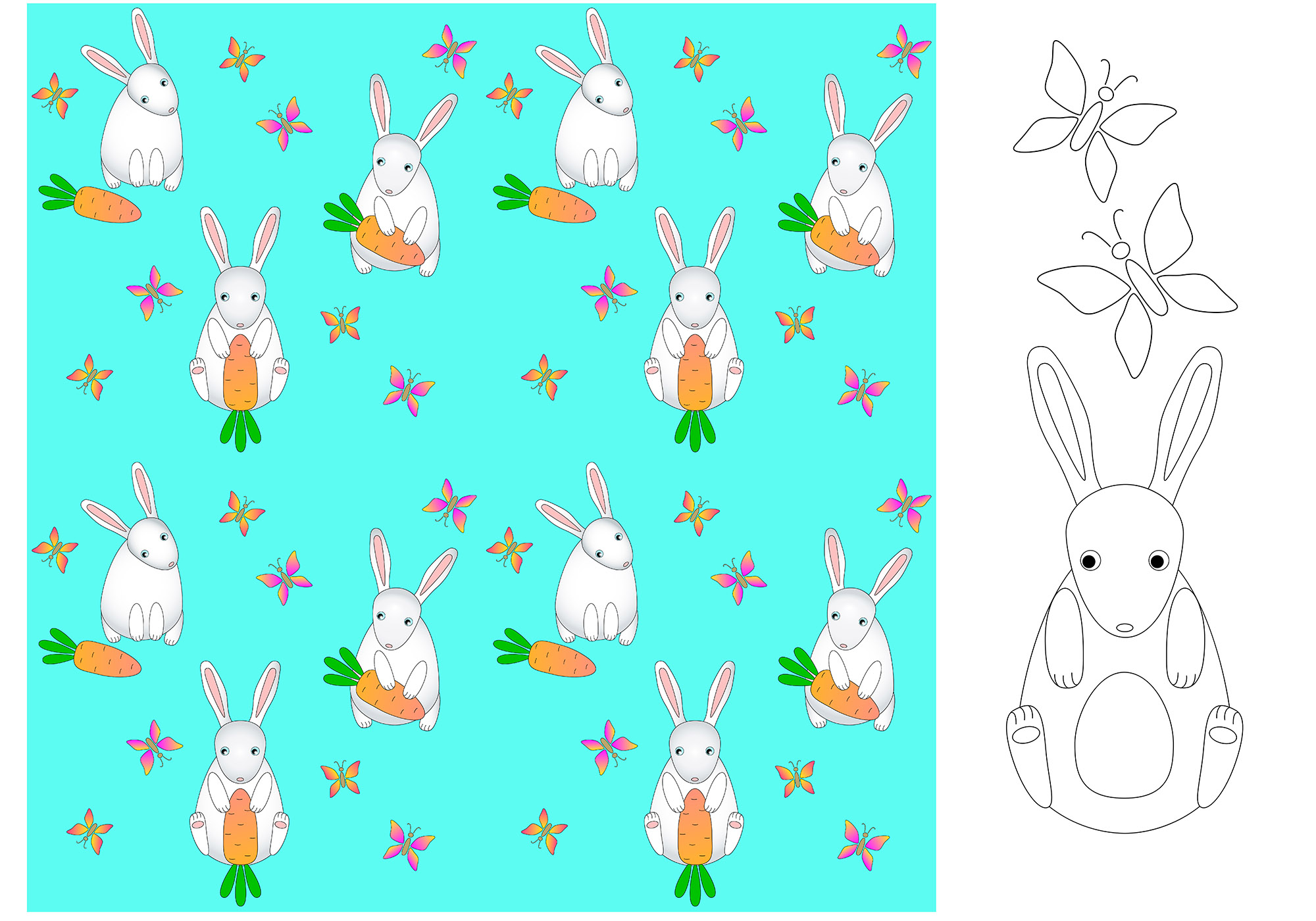 Drawing of a rabbit with carrots and flowers.
