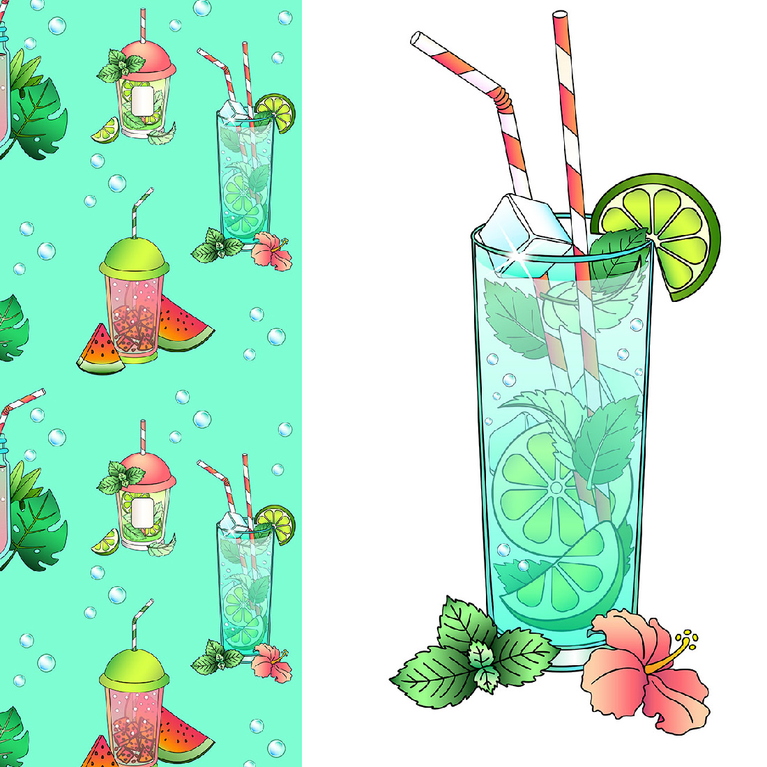 Drawing of a glass of water and a drawing of a drink.