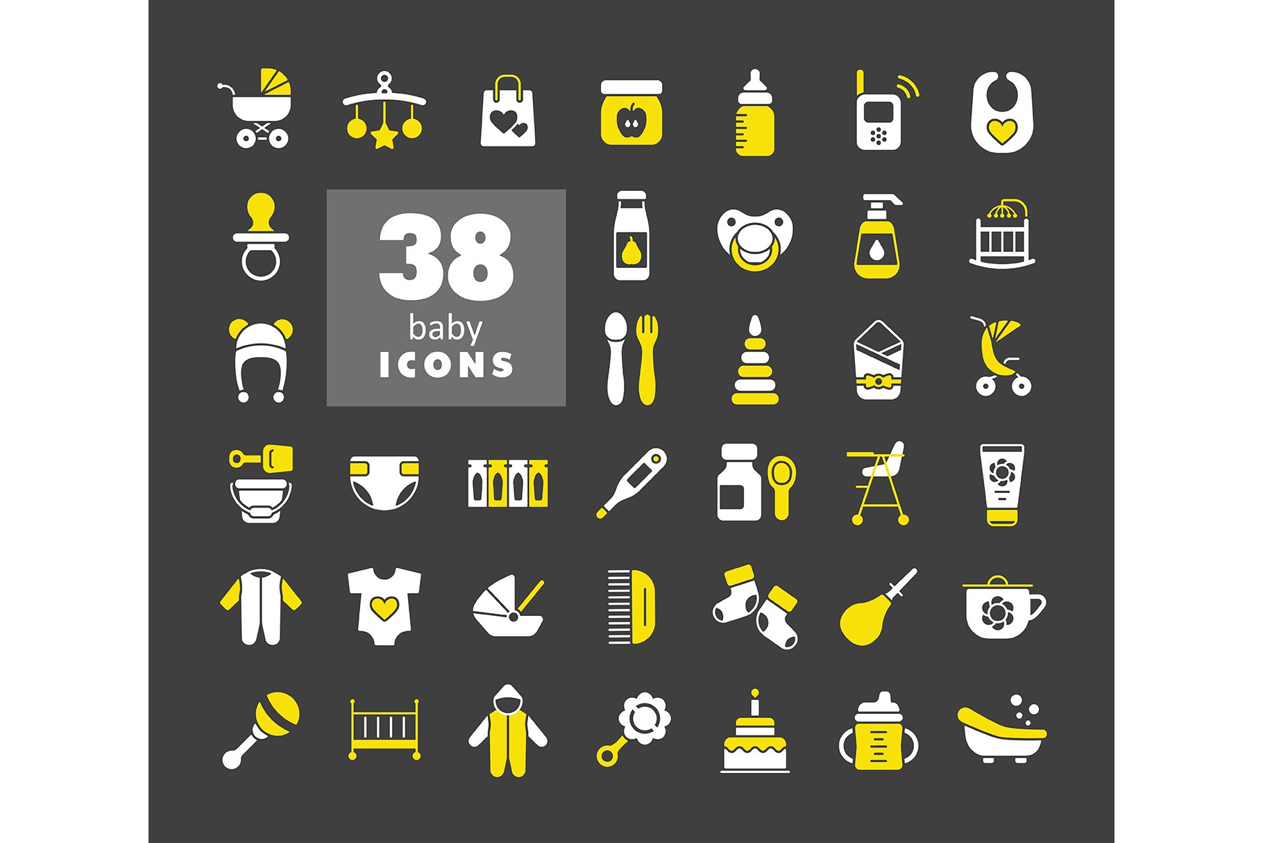 38 Baby, feeding and care icons cover image.